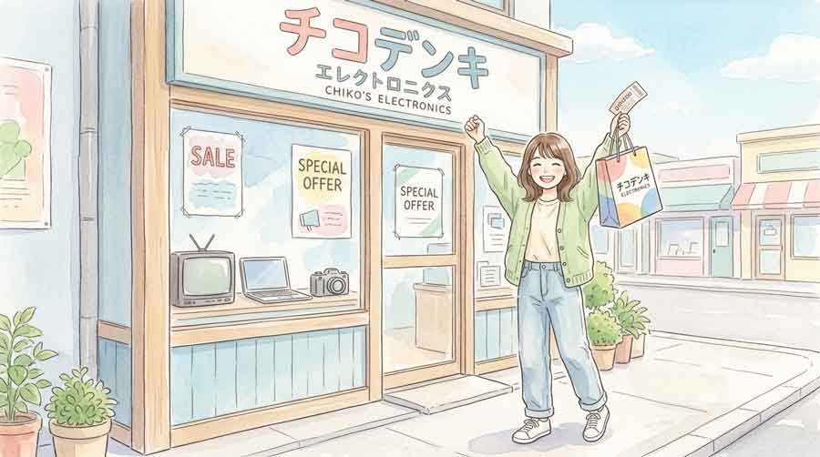 学割やポイント還元を活用して買い物する女性のイラスト