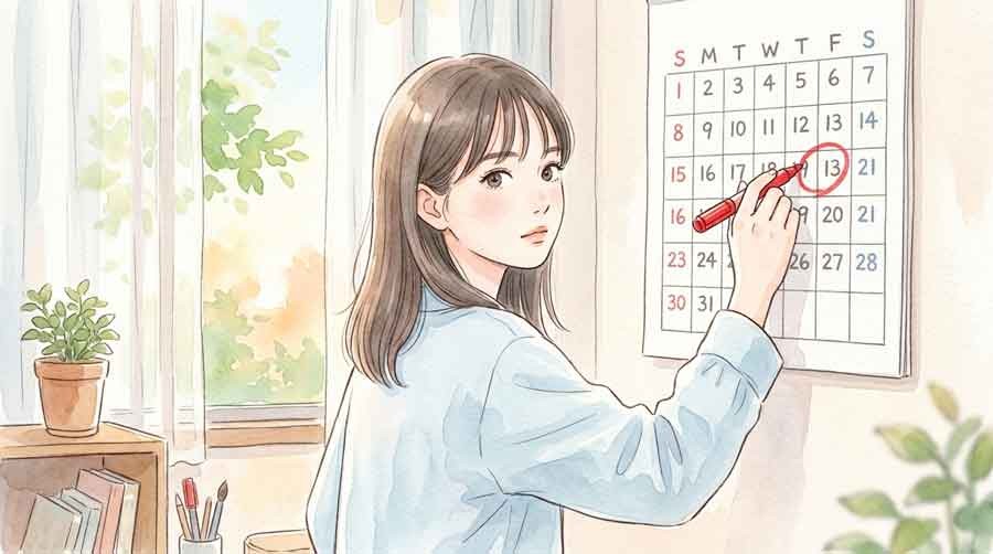 承認期限の9月19日カレンダーを見つめる女性