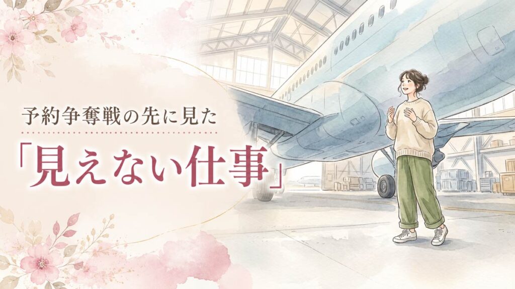 ANA Blue Hangar Tourの格納庫で実機を見上げる女性