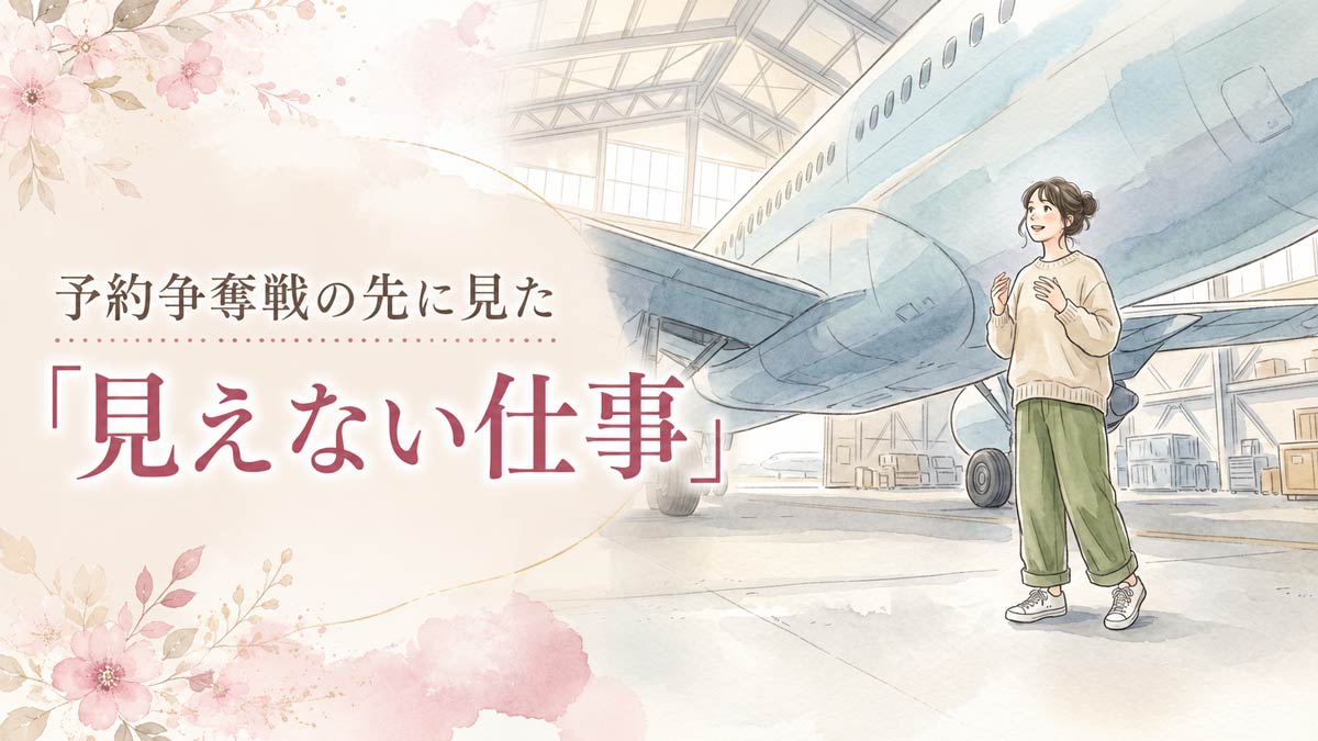 ANA Blue Hangar Tourの格納庫で実機を見上げる女性