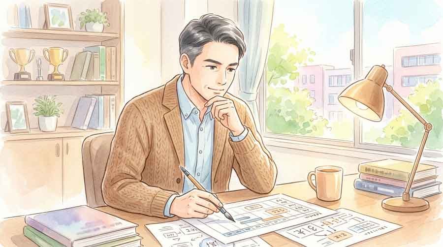 プロジェクトの資料を見つめる新監督のイラスト