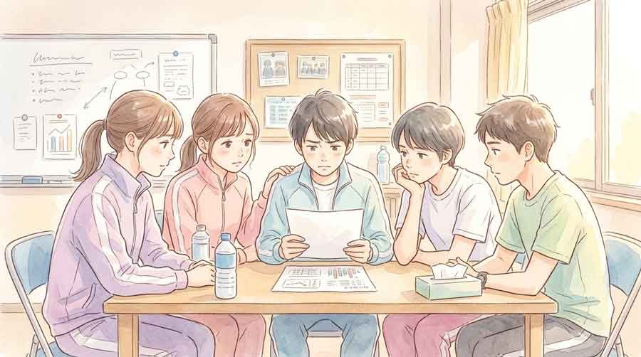 過去の結果に悔しさをにじませるチームのイラスト