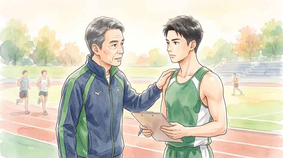 指導方針について話し合う監督と選手のイラスト