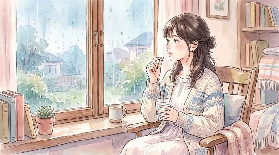 低気圧の日に頭痛薬を手に窓の外の雨を見つめる女性