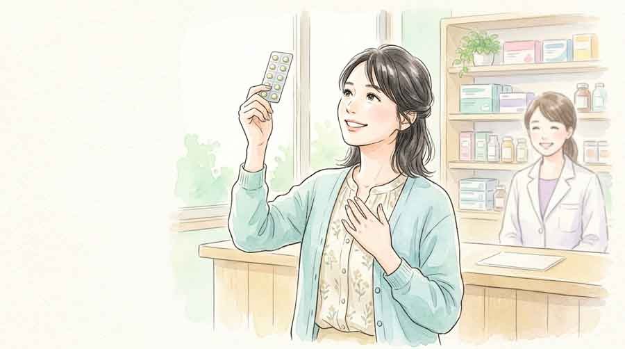 新しい片頭痛治療薬ナルティークを手に取り安心する女性