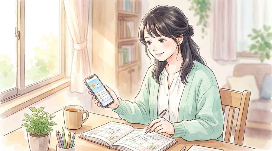 頭痛予報アプリを見ながら外出の予定を調整する女性