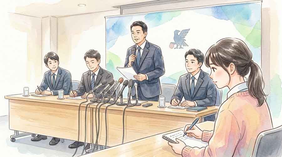 森保監督続投を発表するJFA理事会と記者会見のワンシーン