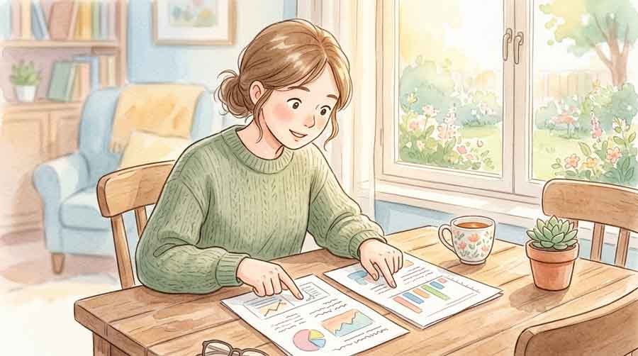 資格確認書と資格情報のお知らせを見比べて確認する女性