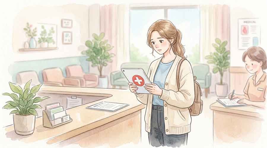 病院の受付でマイナ保険証のエラー画面を見て困る女性