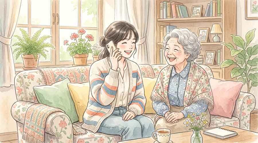 高齢の親に資格確認書について電話で確認する女性