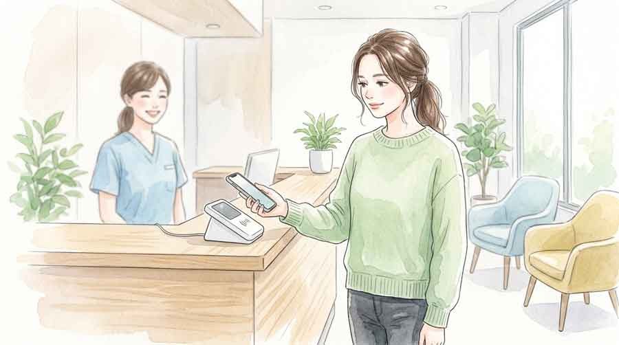 スマホマイナ保険証をかざして受付する女性