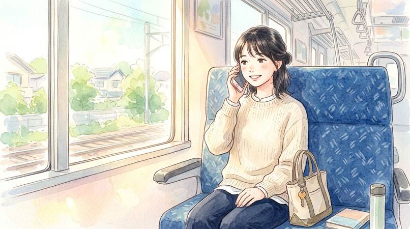 離れて暮らす高齢の親に電話で説明する女性