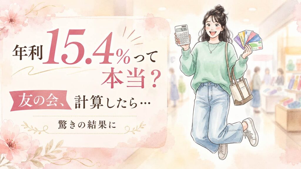 友の会 年利15.4%を検証する女性と百貨店の積立パンフレット