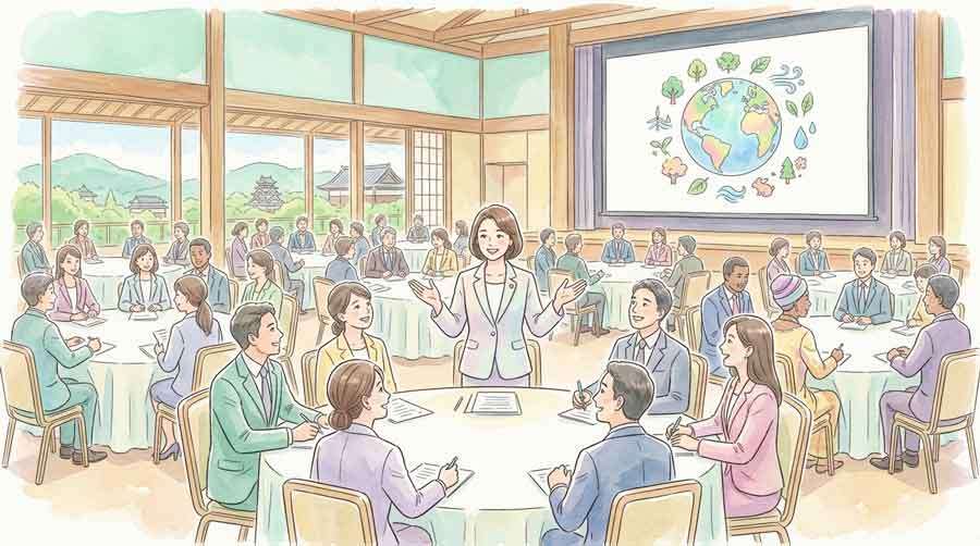 ネイチャーポジティブサミット熊本開催を伝える会場のイラスト