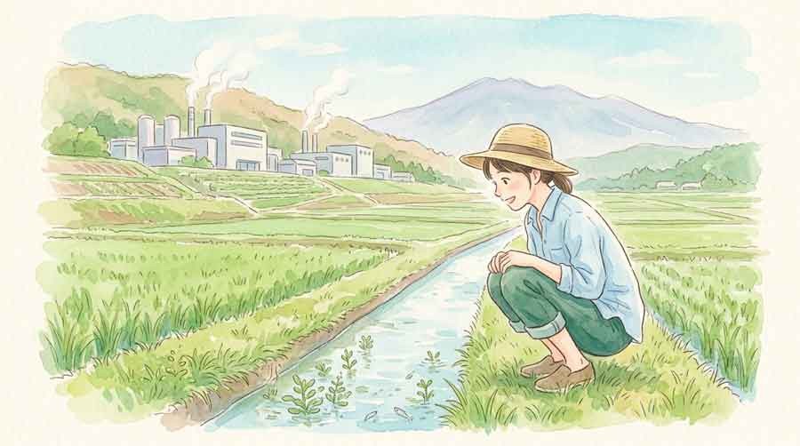 熊本の地下水と半導体産業の共存を描いたイラスト