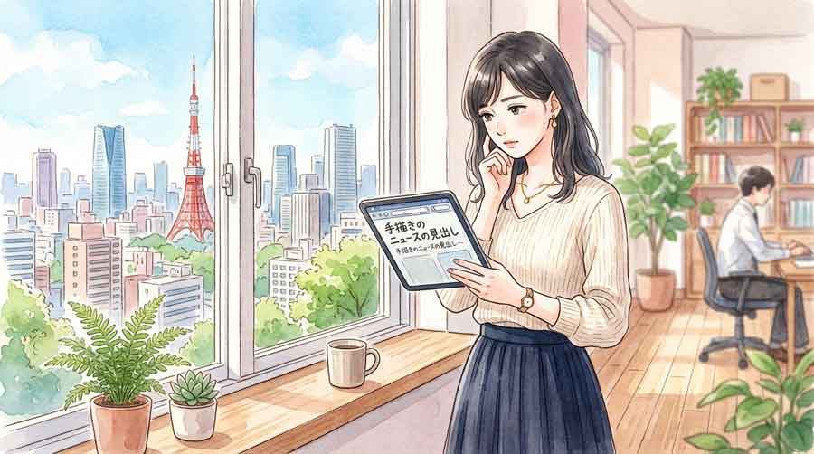 106万円の壁撤廃のニュースを見て考える女性のイラスト