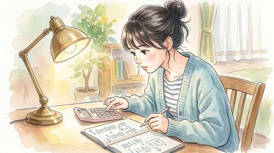 電卓を使って年金の試算をしてみる女性のイラスト
