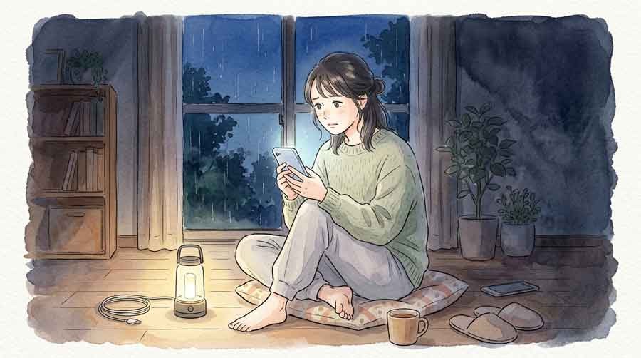 停電時にスマホでNHK ONEニュース防災アプリを確認する女性