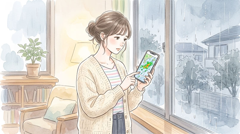 NHK ONE 雨雲レーダーで台風の進路を確認する女性