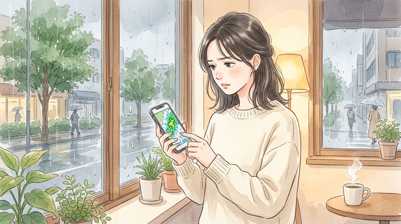 NHK ONE 台風・地震のとき頼れる使い方を確認する女性