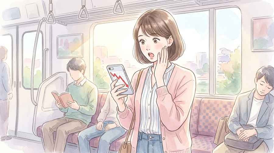 オルカン評価額と円高163円から159円へ急変したドル円チャートを見る女性