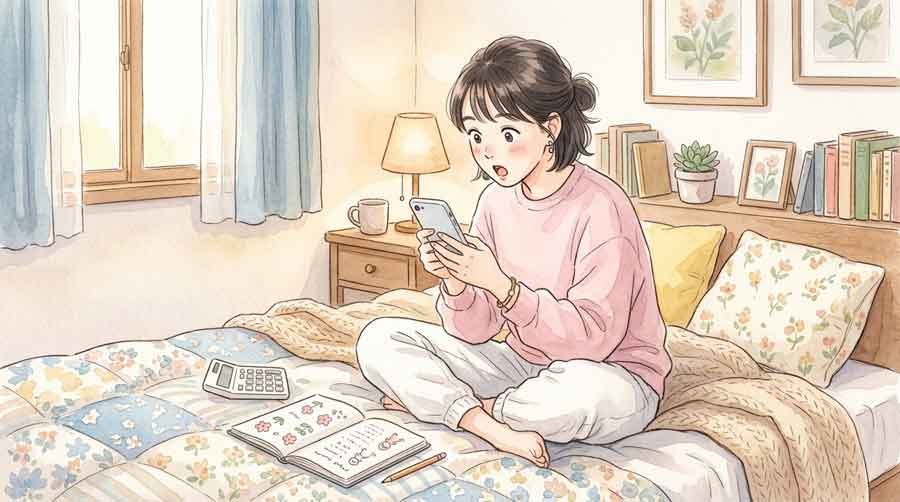 新NISAのオルカン評価額をスマホで確認して驚く女性