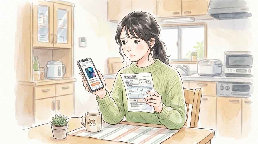 iPhone17の値上げ通知と電気料金明細を見比べる女性