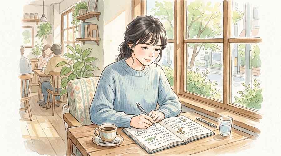 今後のドル円見通しをノートに書き出して家計対策を考える女性