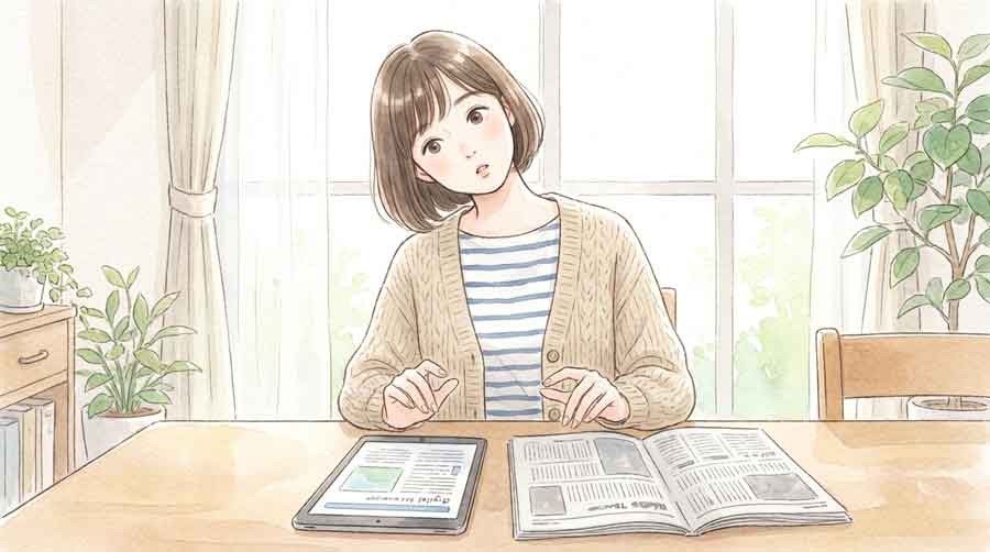 SNSでシェアされた記事の見出しを見比べる女性