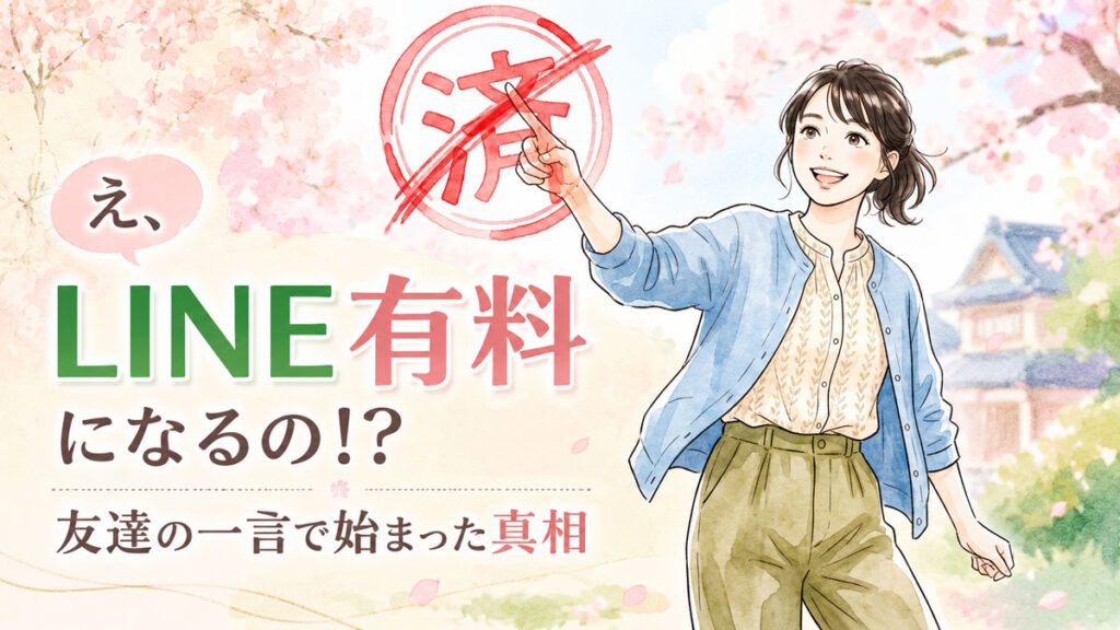 LINE有料化はデマだと知り安心して微笑む女性の柔らかな水彩イラスト