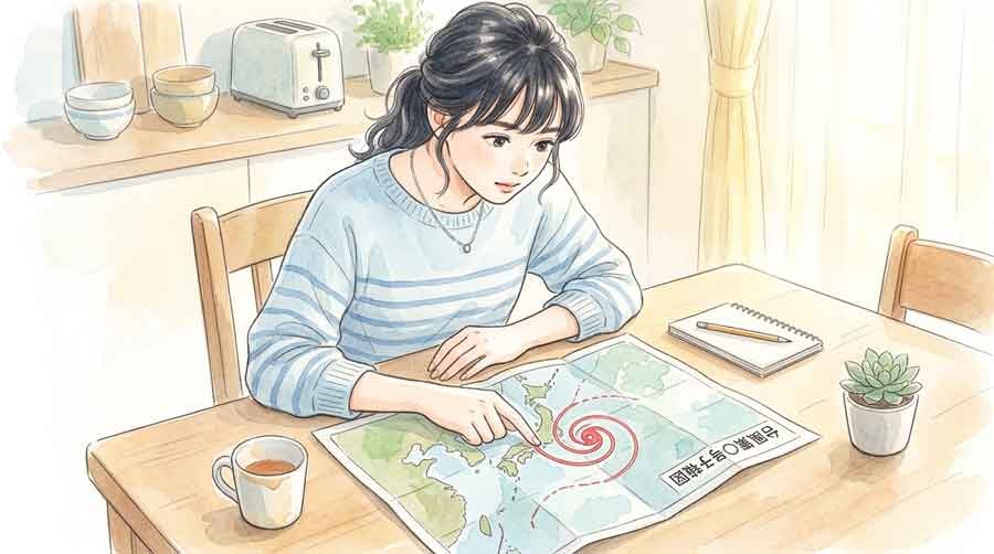 台風9号の進路予想図を沖縄の位置と照らし合わせて確認する様子