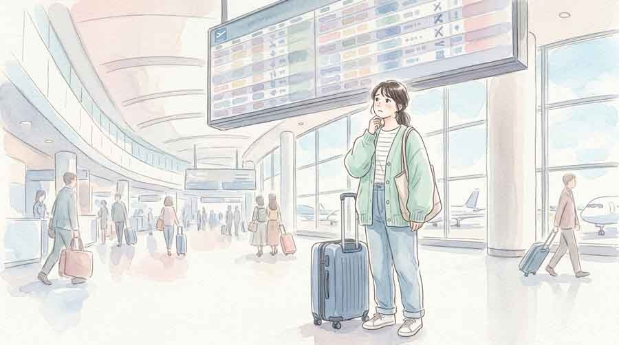 台風接近を前に空港で航空会社の運航情報を確認する様子