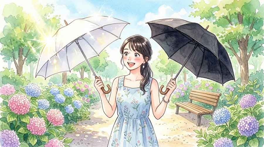 日傘 白 黒の組み合わせで涼しさを実感する女性のイラスト