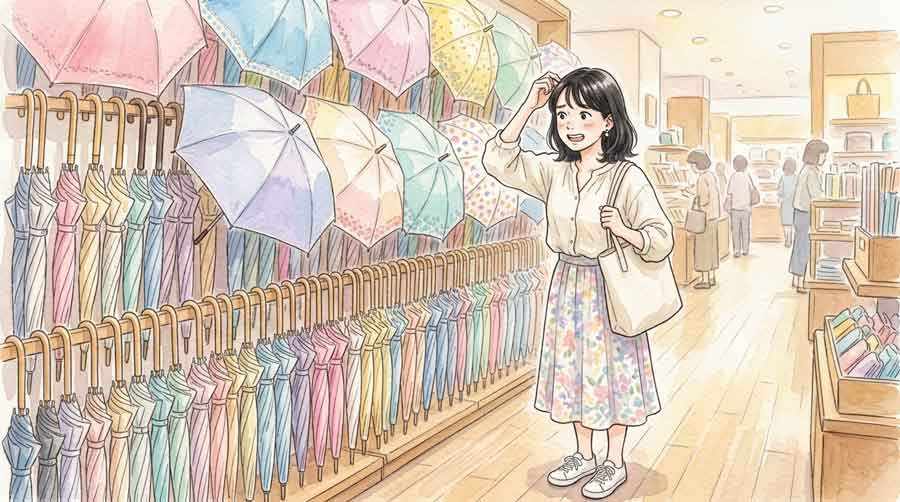 日傘 白 黒で悩む女性が売り場で選んでいる様子のイラスト
