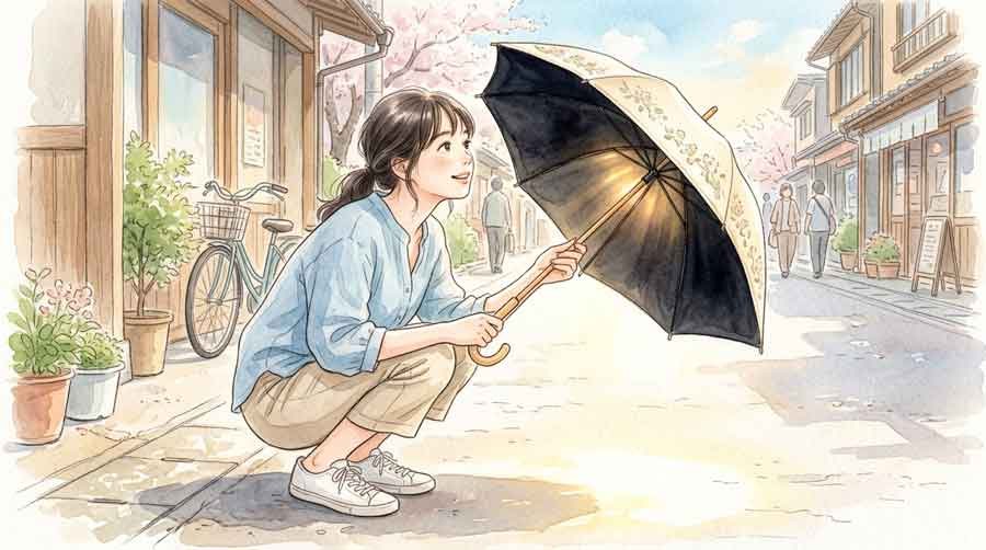 日傘の内側が黒い理由を示す紫外線反射のイラスト