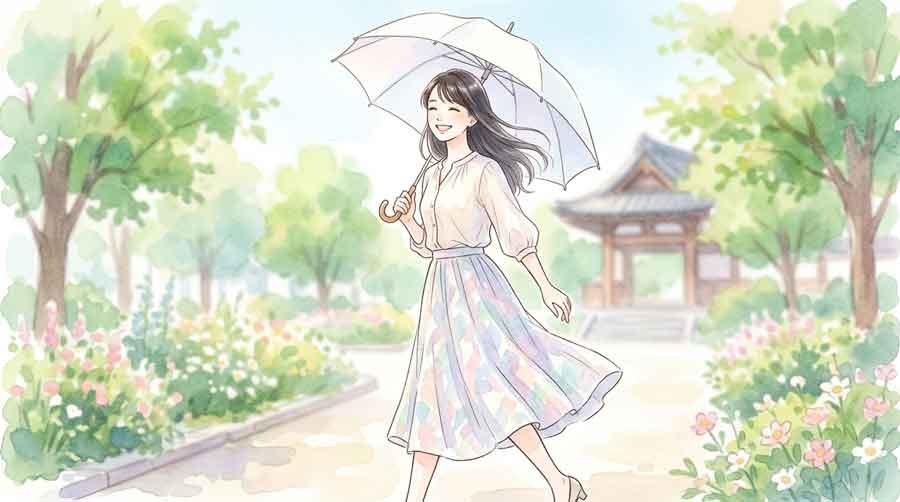 日傘の外側が白いことで熱を反射する様子のイラスト
