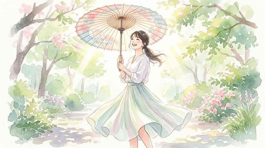 完全遮光生地の日傘を持つ女性のイラスト