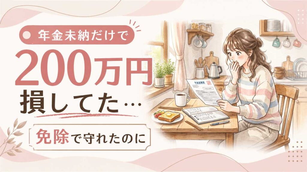 年金未納の不安を抱える20代女性がスマホと家計簿を見て驚く様子