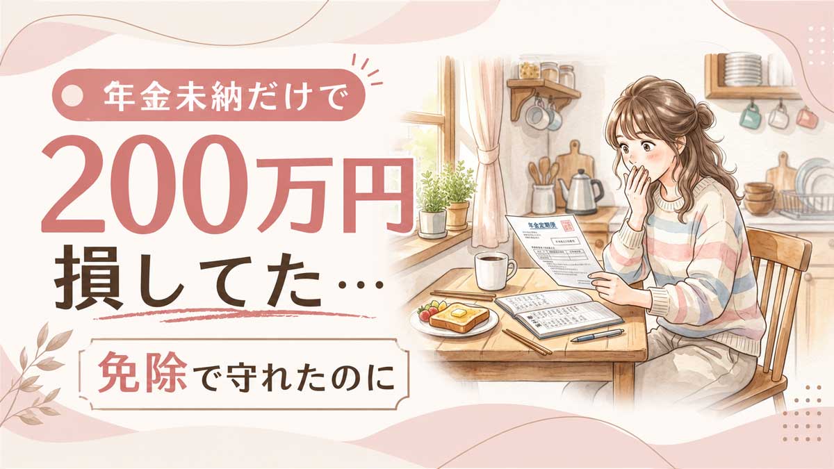 年金未納の不安を抱える20代女性がスマホと家計簿を見て驚く様子