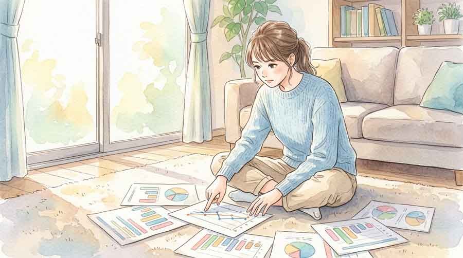 年金の財政検証データを確認する女性の手元とグラフ資料