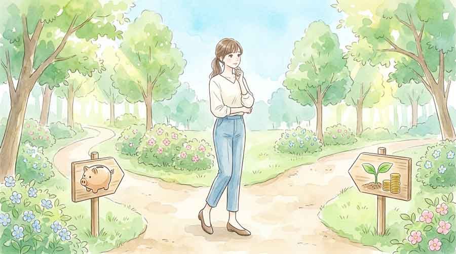 NISAと年金の資料を並べて比較検討する女性の様子