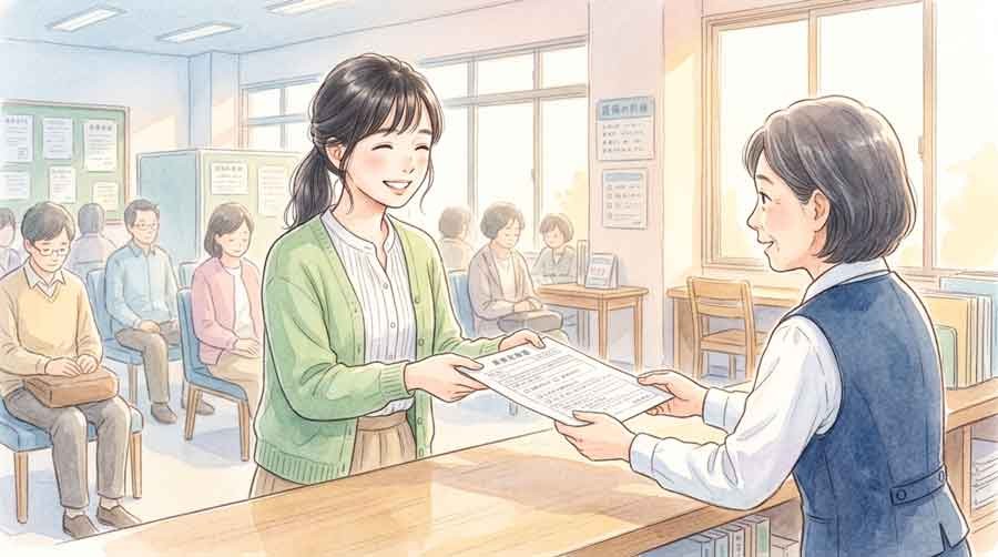 国民年金の免除申請書類を確認する女性の手元