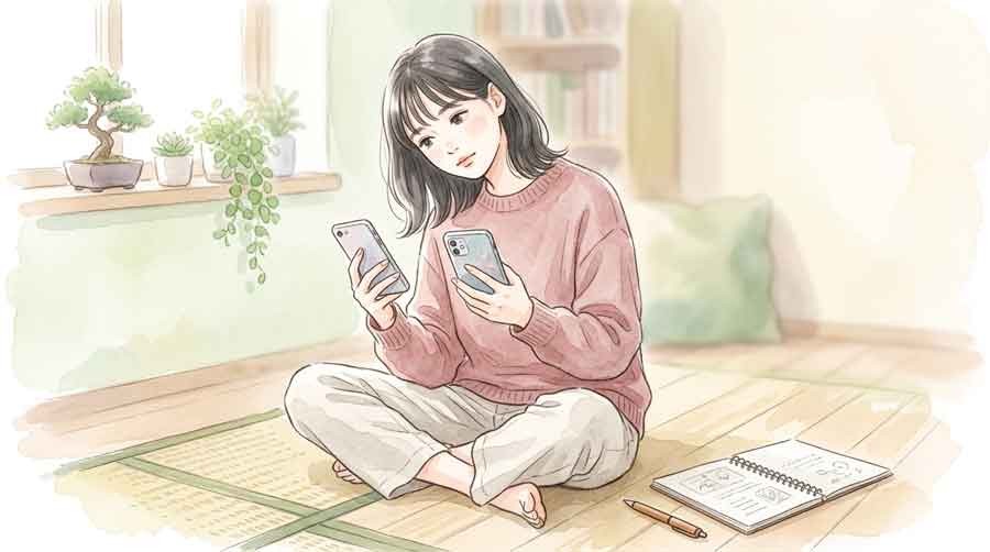 WAON POINTとPayPayポイントを見比べて悩む女性