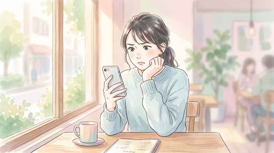 スマホの画面を見ながらエラーに困る女性
