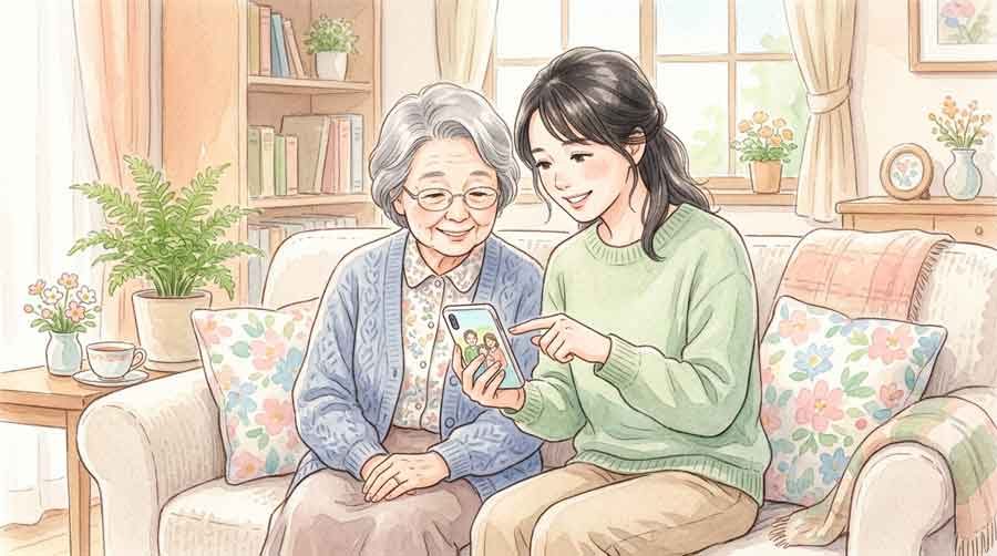 家族でスマホを見せ合いながら申請方法を確認する様子