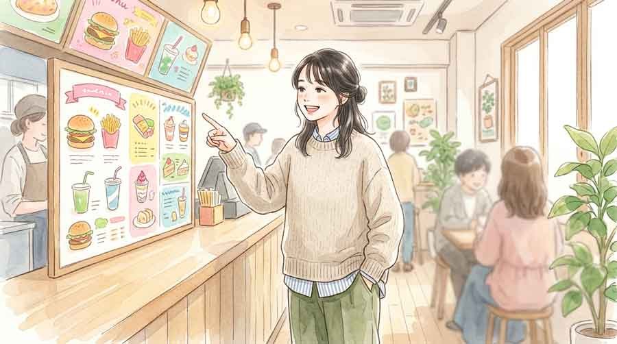 ポケモン30周年バーガーの値段とメニューを確認する女性