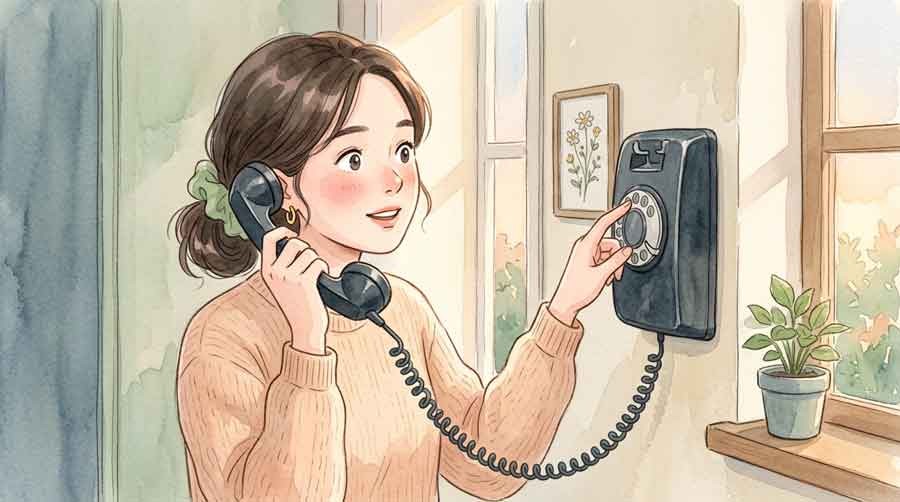 災害用伝言ダイヤル171で家族に電話をかける女性