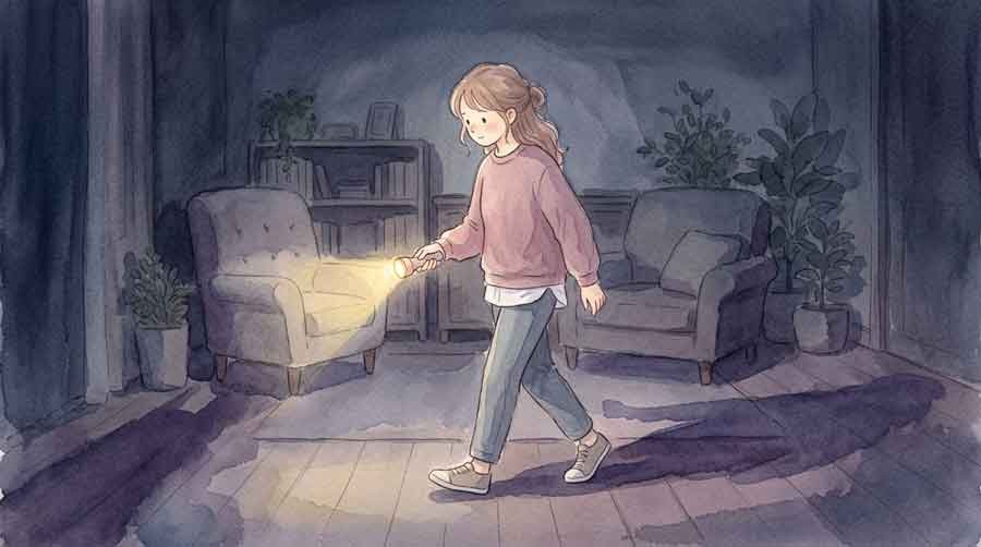 停電した熊本の住宅街で懐中電灯を持つ女性