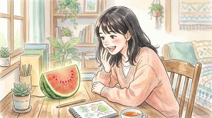 量子AIプロセッサーWatermelonの名前の由来に驚く女性
