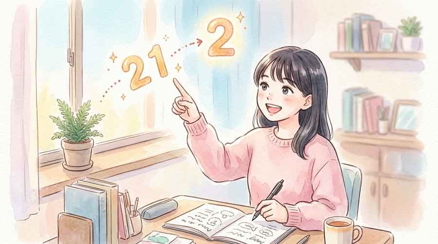 3週間が2日に短縮された理由を電卓で計算してみる女性